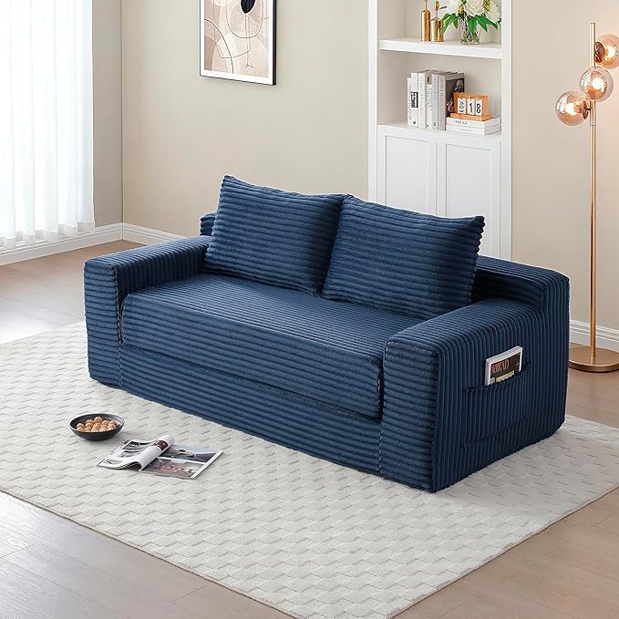73" Cloud Loveseat Sofa Couch in a Box, 2 Seater Boneless Couch, Convertible Pull Out Sofa Bed with Pillows, No Assembly, Memory Foam, Modern Small Couches for Small Spaces (A-Blue)
