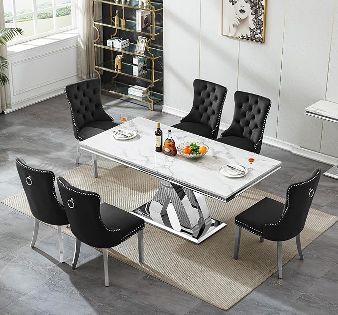 Goujxcy 7-Piece Dining Table Set Modern Faux Marble Dining Table Set for 6, Luxury 68" Long Faux Marble Kitchen Table with 6 Velvet Upholstered Chairs & Mirrored Stainless Steel Base