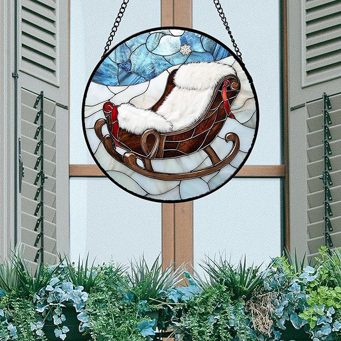 Stained Glass Window Hanging 4 Pcs Set Blue White Christmas Snowman Snowflake Large 11.8" - Suncatcher Door Garden Sun Catcher Decor Birthday Mother's Day Xmas Gifts for Mom Woman Nana Men