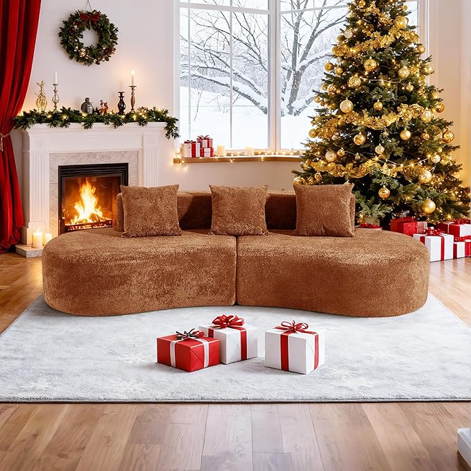 109'' Curved Couch, Mid Century Modern Half Moon Sofa, Luxury 3-Seat Couch with High-Density Foam Filled, Raindrop Velvet Fabric Sectional Sofa for Living Room, Apartment, Office, Orange