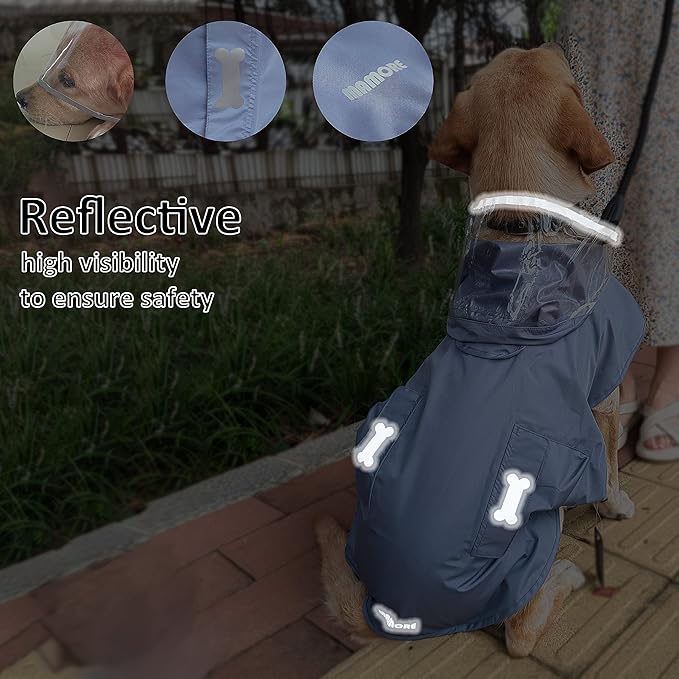 Waterproof Dog Raincoat, Adjustable Reflective Lightweight Pet Rain Clothes with Poncho Hood(X-Small, Blue&Grey)