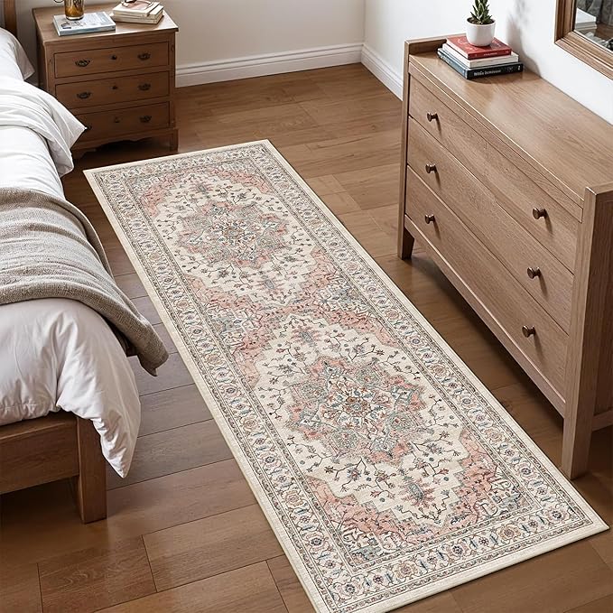 2x6 Vintage Runner Rug Low Pile Runners Non-Slip Machine Washable Rug Retro Distressed Print Lightweight Carpet for Hallway Kitchen Living Room Bedroom Laundry Room