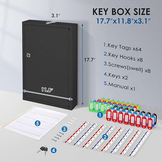 ORIENTOOLS Key Box Steel Key Safe Cabinet, Wall Mount Key Holder Lock Box with Key Tags, Key Organizer Ideal for Home, Hotels, Valets and Office Key Storage (64 Keys, Black)