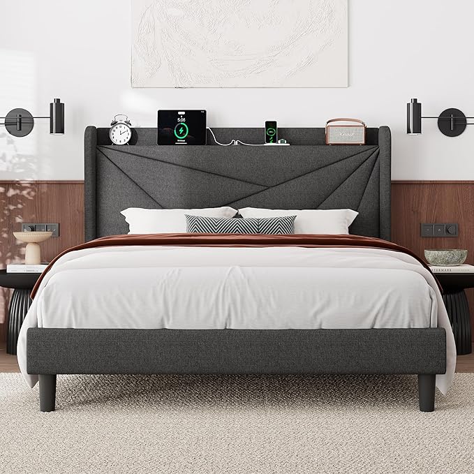 Feonase Full Size Bed Frame with Charging Station, Upholstered Linen Bedframe with Wingback Headboard, Solid Wood Slats Support, Noise Free, No Box Spring Needed, Charcoal Grey