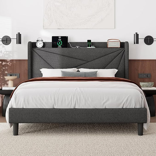 Feonase Full Size Bed Frame with Charging Station, Upholstered Linen Bedframe with Wingback Headboard, Solid Wood Slats Support, Noise Free, No Box Spring Needed, Charcoal Grey