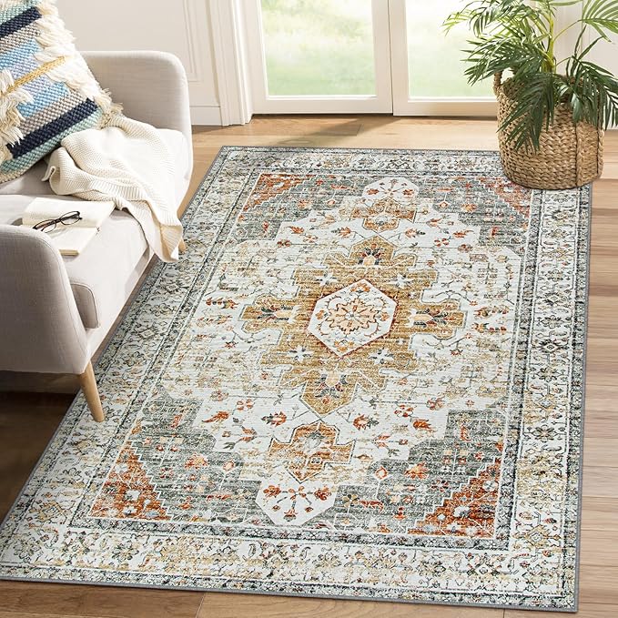 Moynesa Ultra-Thin Washable Area Rug - 4x6 Vintage Living Room Rugs Non-Shed Non Slip, Oriental Low Pile Indoor Accent Floor Carpet for Bathroom Bedroom Laundry Mudroom Entrance, Beige/Gold