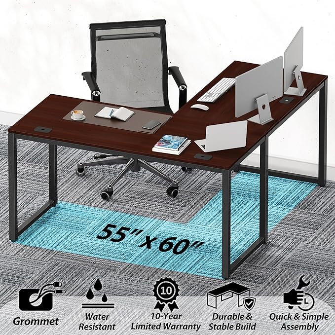 SHW 55 x 60 Inches Commercial-Grade L-Shape Corner Office Computer Desk, Cherry
