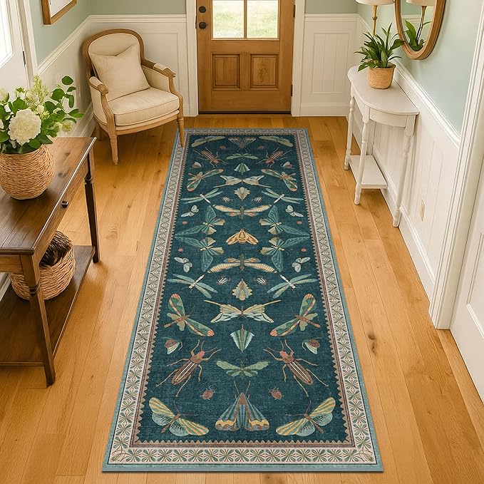 Brown and Green Kitchen Sink Runner Rug 2x5 - Teal Boho Bathroom Rugs for Entrance Indoor, Insect Print Floral Vintage Unique, Washable Non Skid Stain Resistant