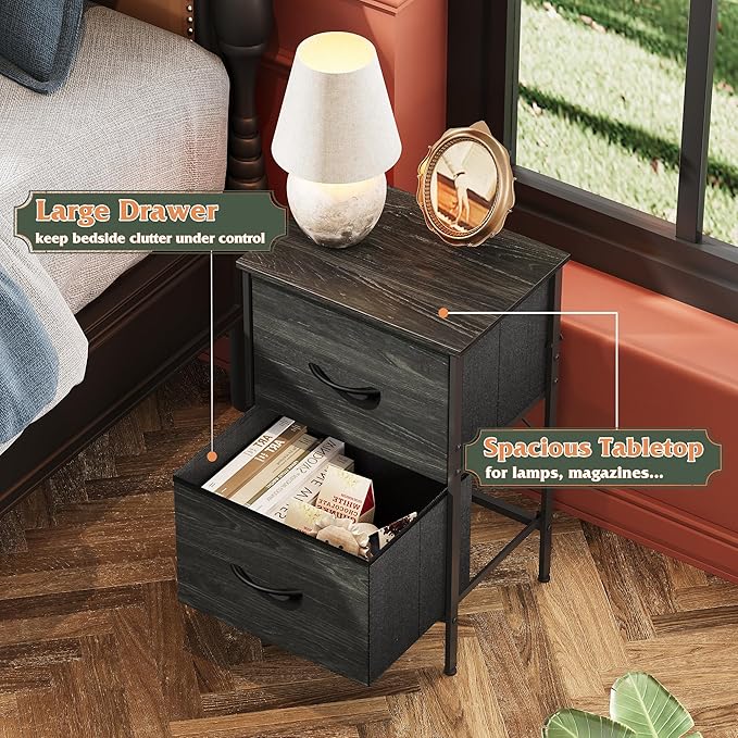 WLIVE Black Night Stand Set of 2, Small Dresser with 2 Drawers & Wooden Top, Nightstand with Fabric Bins, Bedside Table End Table for Bedroom, Closet, Entryway, College Dorm, Charcoal Black