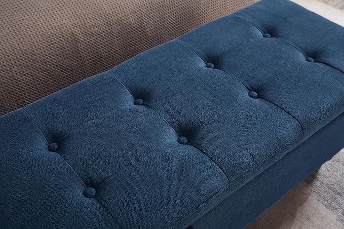 mikibama Linen Storage Bench for Bedroom End of Bed,59" Long Tufted Bed Bench with Storage,Modern Mid Century Storage Ottoman Bench for Window,Entryway,Living Room Solid Wood Legs (Blue)