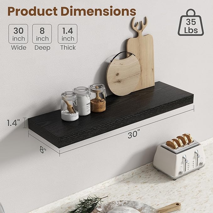 30 Inch Floating Shelves for Wall, 8 Inch Deep Floating Shelf for Storage & Display, Rustic Wall Mounted Shelf with Invisible Brackets for Living Room, Kitchen, Bathroom, Home Decor, Set of 2, Black