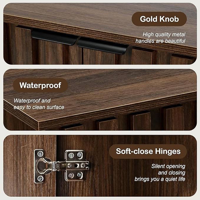 Fluted Cabinet with Storage, Buffet Cabinet Sideborad with Door, Kitchen Buffet Storage Accent Cabinets with Adjustable Shelves for Living Room, Entry, Hallway, Brown, Walnut