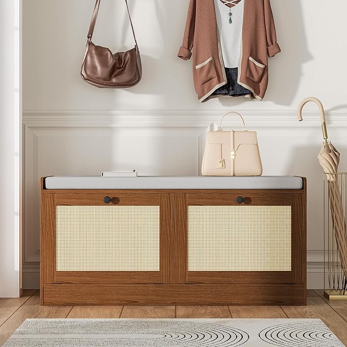 MHOM Rattan Shoe Bench for Entryway, Hallway and Bedroom - Boho Bench with Storage Cabinets and Seat Cushion - Wooden Storage Bench Fits up to Size 16, Brown