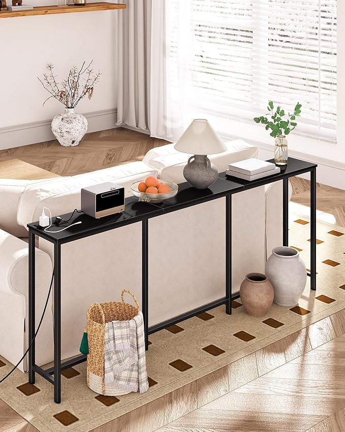 70.9" Narrow Console Table with Power Outlet 7.1" Skinny Sofa Table, Long Behind Couch with Charging Station for Hallway, Living Room Black TXG18UBB