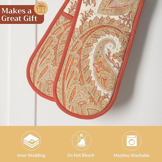 Maison d' Hermine Double Oven Mitt (7" x 35") 100% Cotton Heat Resistant BBQ Cooking Gloves with Loop for Thanksgiving Christmas Decorations Baking Cooking Barbeque Handling Hot Pan (Kashmir Paisley)
