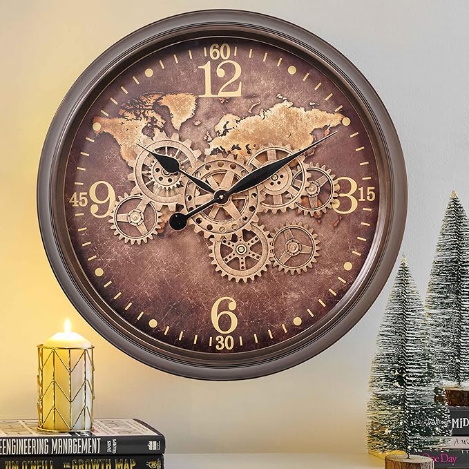 CLXEAST 24 Inch Large Wall Clock with Moving Gears, Industrial Clocks with World Map Dial, Oversized Cool Wall Clock for Living Room Decor,Oil Rubbed Bronze Brown