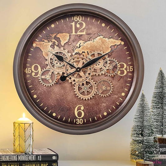 CLXEAST 24 Inch Large Wall Clock with Moving Gears, Industrial Clocks with World Map Dial, Oversized Cool Wall Clock for Living Room Decor,Oil Rubbed Bronze Brown