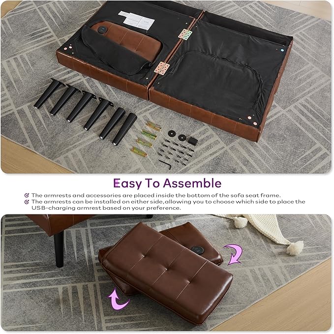 TYBOATLE 65“ Convertible Futon Sofa Bed w/ 2 USB,Tufted Small Adjustable Folding Couch Loveseat, Modern Mid Century Faux Leather Sleeper Sofa for Living Room, Bedroom,Office, Brown