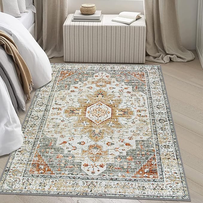 Moynesa Ultra-Thin Washable Area Rug - 4x6 Vintage Living Room Rugs Non-Shed Non Slip, Oriental Low Pile Indoor Accent Floor Carpet for Bathroom Bedroom Laundry Mudroom Entrance, Beige/Gold
