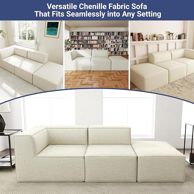 106" Sectional Compressed Sofa Modular Couches,High-Density Foam No Assembly Required,3-Piece(1xCorner 1xArmless 1xOttoman) for Living Room, Chenille Beige White