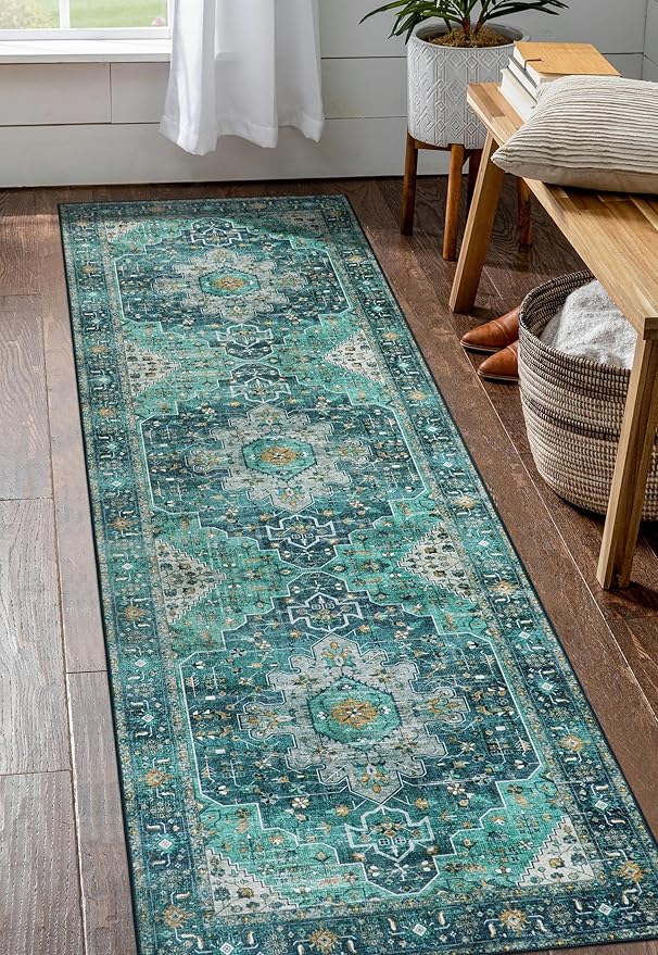 Moynesa Ultra-Thin Washable Teal Non Slip Bathroom Rug - 2x6 Laundry Room Mat, Machine Washable Non-Slip Pet Friendly Carpet Runner for Camper RV Foyer Kitchen Hallway