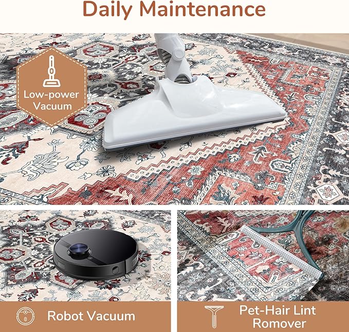 OPPODREAM Thin 6x9 Area Rugs, Washable Rug 6x9 with Non Slip Backing, Faux Cashmere Low-Pile 6 x 9 Carpet, Black & Red