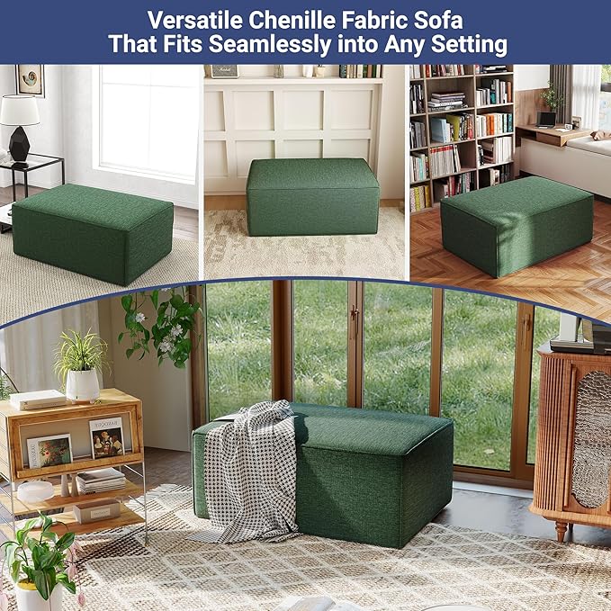 38“ Modular Sectional Sofa Convertible Cube Compressed Couch Seat Set, Combine L-Shaped U-Shaped, Free Assembly, Space-Saving for Living Room, Thick Foam Fabric Chenille Green (Only Ottoman)