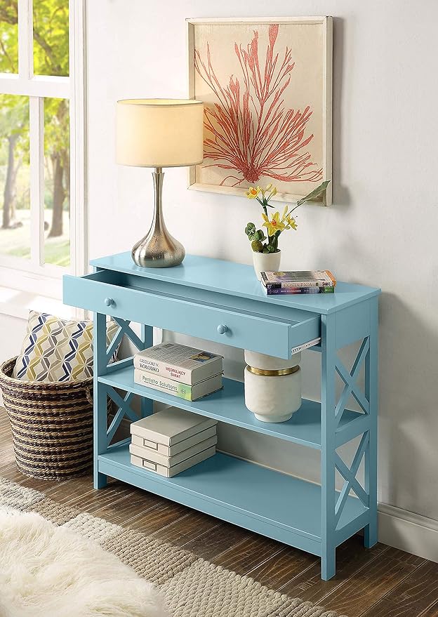 Convenience Concepts Oxford 1-Drawer Console Table 39.5" - Farmhouse Sofa Display with Storage Shelf For Living, Family, & Dining Room, Modern Entryway Hall Table for Kitchen, Bedroom, Sea Foam Blue