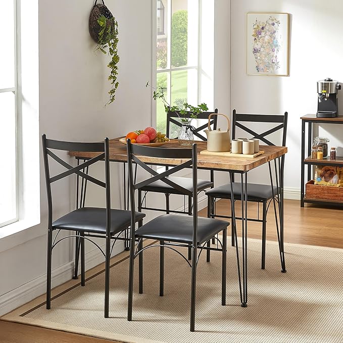 VECELO Dining Table Set for 4, Kitchen Table Set with 4 Chairs for Small Space, Space-Saving and Modern Design, Apartment, Easy to Assemble,Classic Brown