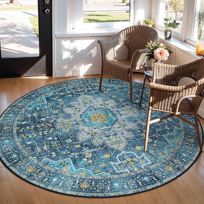Moynesa Ultra-Thin Washable 5ft Round Rug - Teal 5x5 Circle Rugs for Living Room, Vintage Dining Room Mat Stain Resistant Nursery Carpet for Bedroom Mudroom Kitchen Apartment Home Office