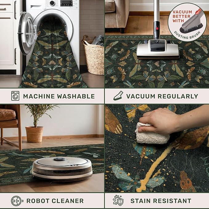 2x4 Entry Way Rugs Indoor - Dark Green Putdoor Rug for Kitchen, Bathroom, Insect Boho Design, Washable Non Slip Stain Resistant