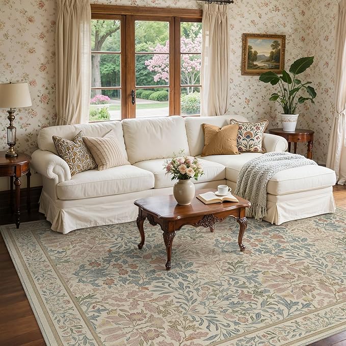 GENIMO 8x10 Washable Area Rug, Non-Slip Vintage Boho Floral Carpet, Soft Low-Pile Thin Living Room Rug for Bedroom, Dining Room, Nursery, Beige Pink