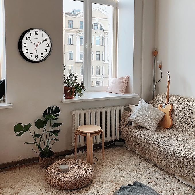 Sharp Atomic Analog Wall Clock - 12" Black Stylish Frame - Sets Automatically- Battery Operated - Easy to Read - Easy to Use – Modern Design and Style