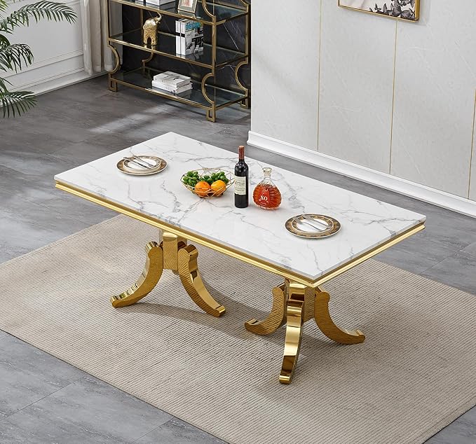 Goujxcy Faux Marble Dining Table Set for 6, Modern 7-Piece Dining Table Set with 6 Velvet Upholstered Chairs, 70" Large Long Faux Marble Kitchen Dining Room Table and Chairs with Stainless Steel Legs