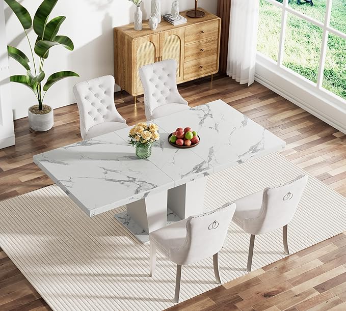 5-Piece Extendable Dining Table Set for 4-8 People 63-78 Inch Kitchen Table Set with 4 Beige Upholstered Chairs Modern White Faux Marble Rectangular Dining Room Table Set for Kitchen Apartment
