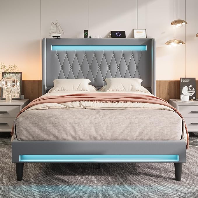 Allewie Upholstered Full Size Platform Bed Frame with LED Light and Charging Station, Button Tufted High Headboard, Wingback Design, Noise Free, Easy Assembly, No Box Spring Needed, Grey