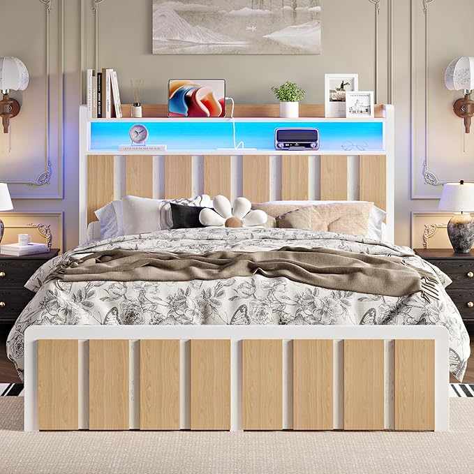 Queen Bed Frame with Storage Headboard & Dual Built-in Storage Drawers, Heavy Duty Platform Bed with 4-Device Charging Station and LED Lights, Noise-Free Design, No Box Spring Needed, White