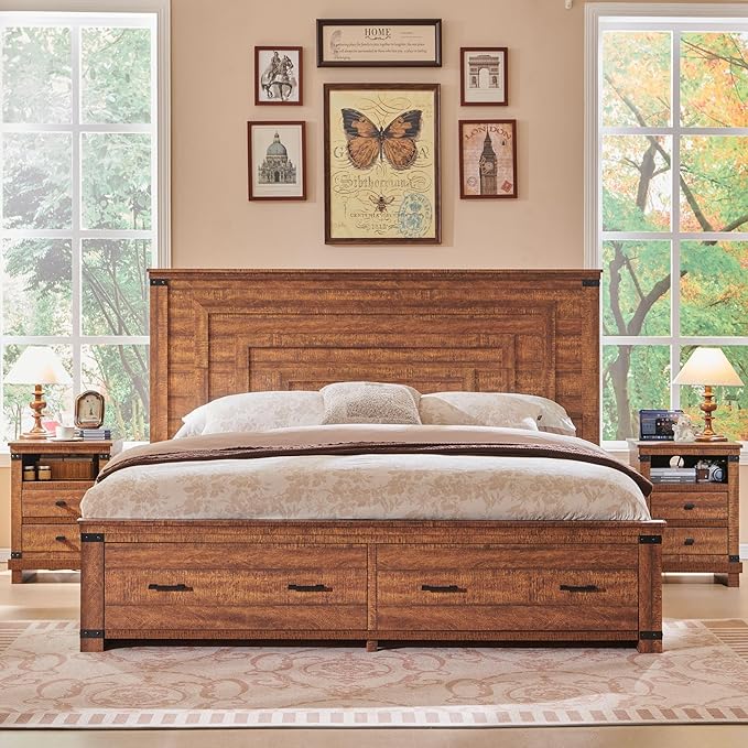 T4TREAM Farmhouse Queen Size Bed Frame with 54" Tall Geometric Headboard & 2 Large Storage Drawers, Rustic Wood Platform Bed with Wood Slats Support, No Box Spring Needed, Reclaimed Barnwood