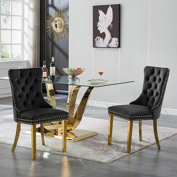 70" Modern Gold Glass Dining Table Set for 6, 7-Piece Rectangle Kitchen Dining Room Table Set with Steel Base & 6 Black Velvet Upholstered Chairs, Modern Glass Kitchen Table and Chairs Set of 6