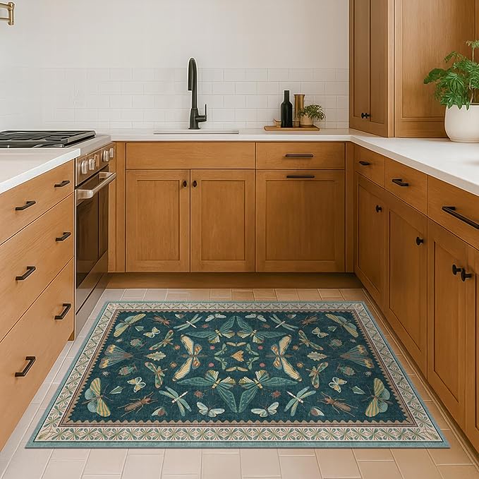 Teal 3x4 Entryway Rug - Washable Door Rug Indoor for Large Kitchen, Living Room, Thin & Foldable Low Pile Insect Décor