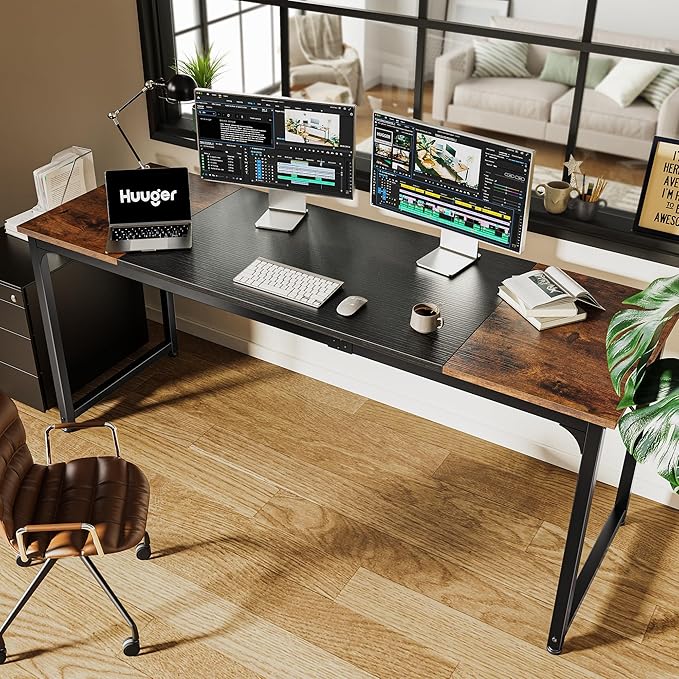 Huuger Computer Desk, 70 Inch Office Desk, Gaming Desk with Storage, Writing Desk Work Desk for Home Office, Study, Long Simple Desk, Large Legroom, Metal Frame, Rustic Brown and Black