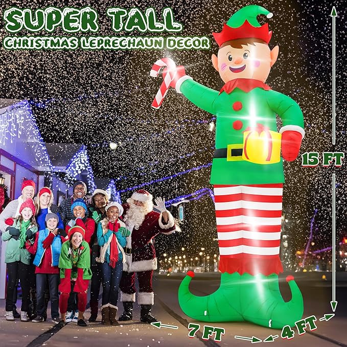 Christmas Inflatables, Giant 15 FT Christmas Elf Inflatable Outdoor Decoration, Blow Up Xmas Elf Holding Box, LED Lighted Holiday Yard Decorations for Lawn Garden Home Party Xmas Winter Decor