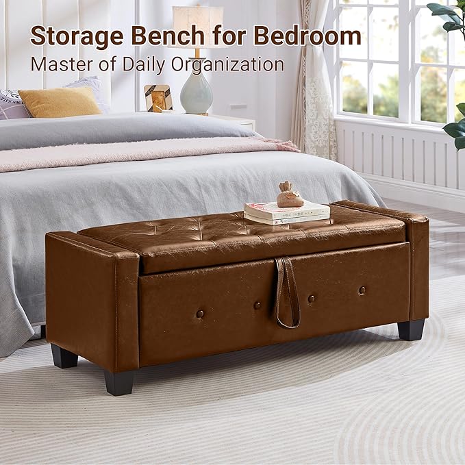 48" Faux Leather Ottoman with Storage, Tufted Storage Ottoman Bench with Safety Hinge, Rectangular Extra Long Bench for Bedroom, Living Room, Entryway and Window, Brown
