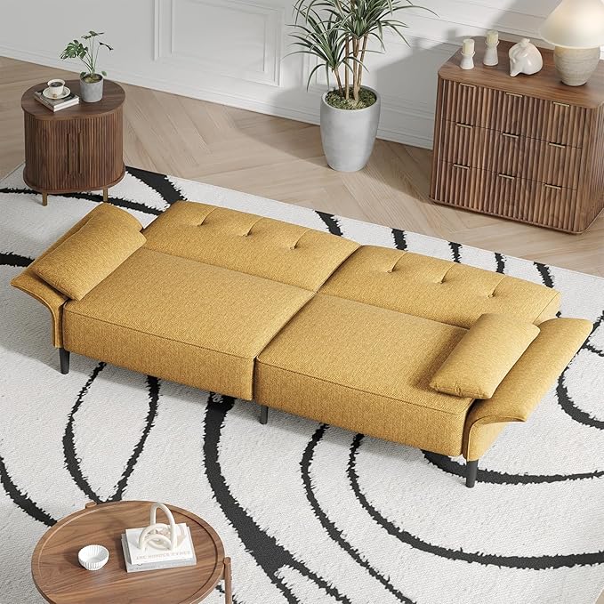 89” Futon Sofa Bed,Comfy Futon Couch Bed with 2 Square Pillows,Convertible Sleeper Sofa with Adjustable Backrest& Armrests, Modern Loveseat Sleeper for Living Room, Bedroom, Linen Yellow