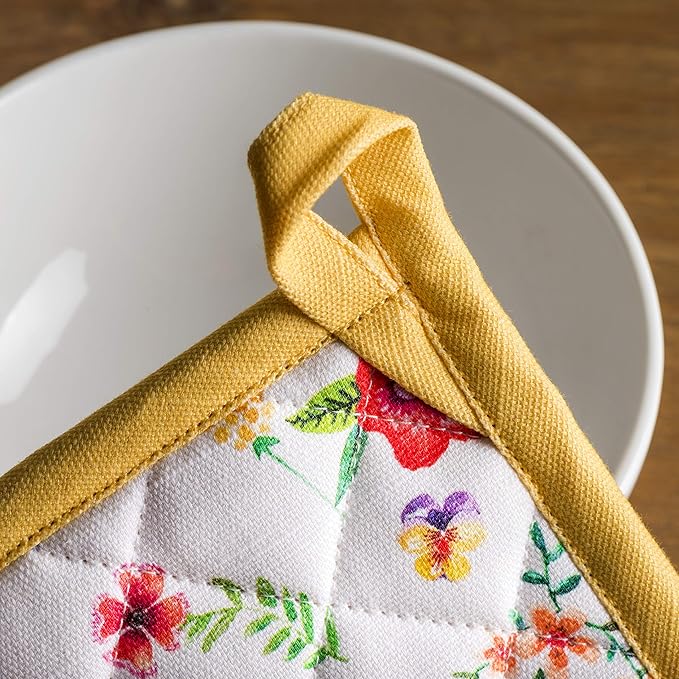 Maison d' Hermine Pot Holders Set 100% Cotton Heat Resistant Potholders 8" x 8" Hot Pads with Loop BBQ, Cooking, Grilling, Kitchen, Handling Hot Pans Spring/Summer (Pack of 2, Happy Florals - Sweety)