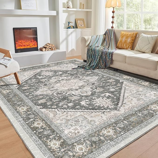 OPPODREAM Thin 10x14 Area Rugs, Washable Rugs 10x14 with Non Slip Backing, Low-Pile Faux Cashmere 10 x 14 Carpet, Greenish Grey