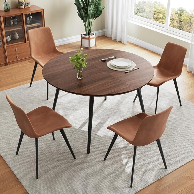 43.3"-59.1" Extendable Round Dining Table Set for 4, Mid Century Modern Wooden Round Table, Leisure Coffee Table,w/ 4 PU Leather Chairs