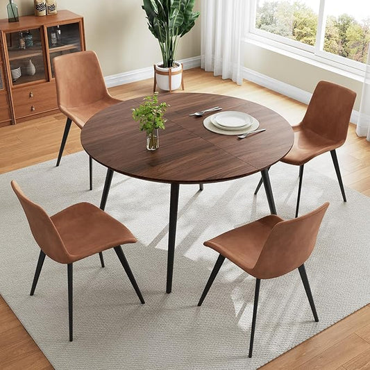 43.3"-59.1" Extendable Round Dining Table Set for 4, Mid Century Modern Wooden Round Table, Leisure Coffee Table,w/ 4 PU Leather Chairs