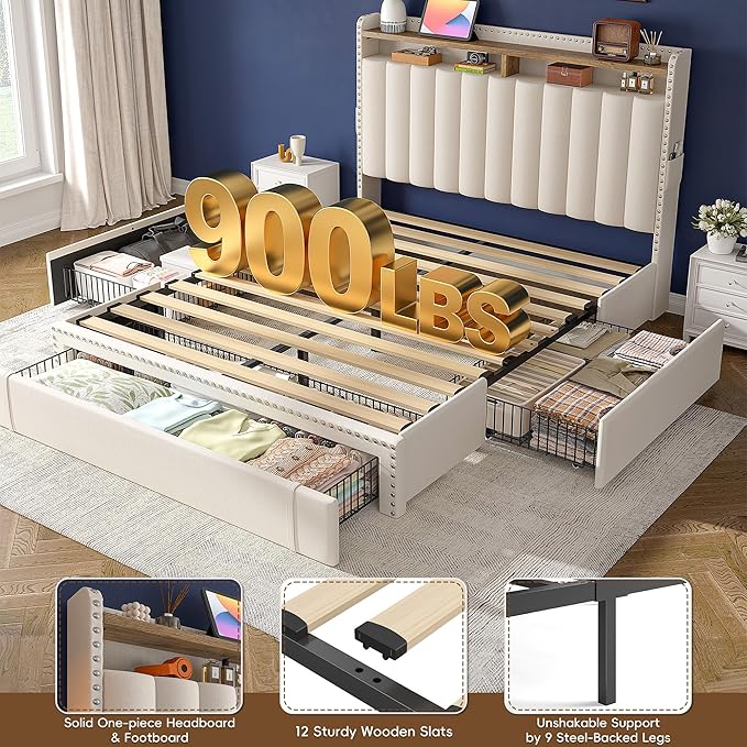 EnHomee Full Size Bed Frame, Upholstered Full Bed Frame with 3 Storage Drawers & 2-Tier Headboard Shelves, 900LBS Heavy Duty, No Box Spring Needed, Easy Assembly, Beige