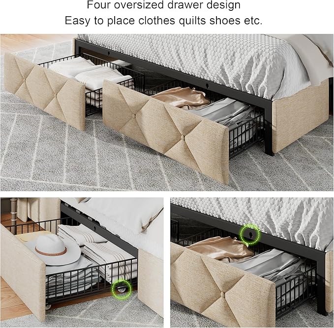 Feonase Full Size Bed Frame with 4 Storage Drawers, Upholstered Platform Bed with Charging Station, Wingback Storage Headboard, Wooden Slats Support, No Box Spring Needed, Easy Assembly, Beige